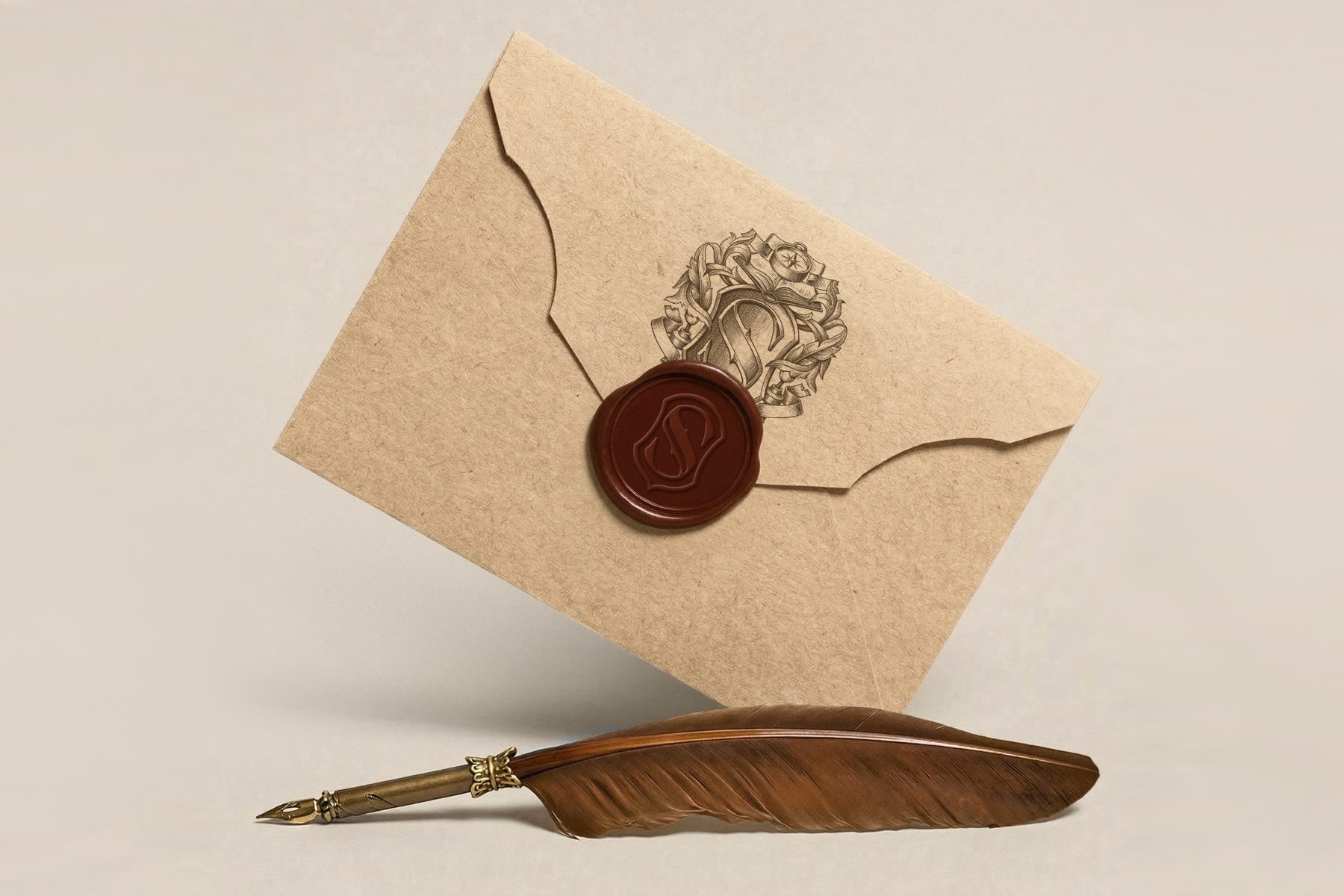 A kraft envelope closed with a red wax seal bearing the Scholar Studio S, beside a quill pen