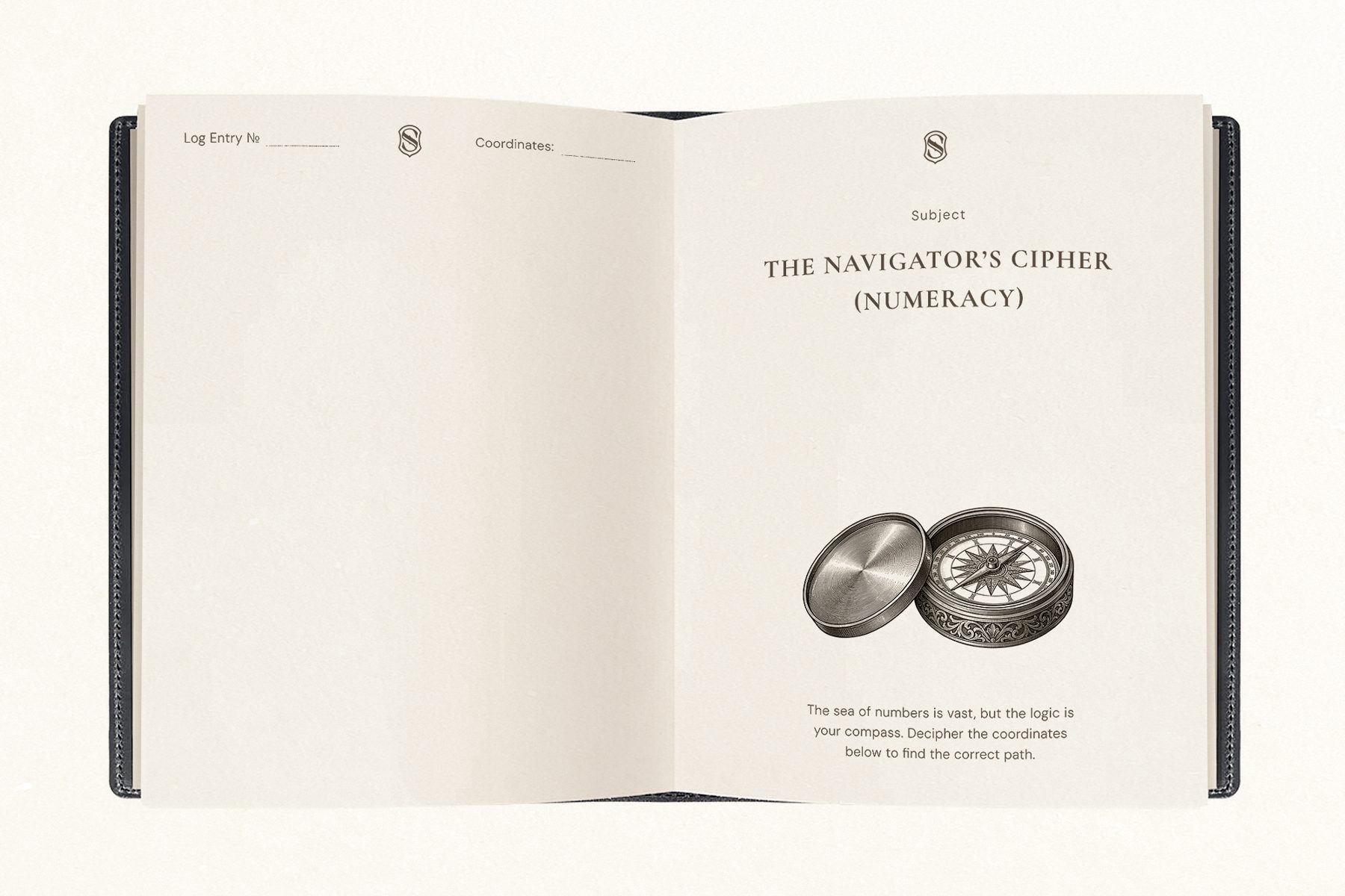 An open Explorer's Field Journal showing a page titled The Navigator's Cipher, Numeracy, with an engraved compass